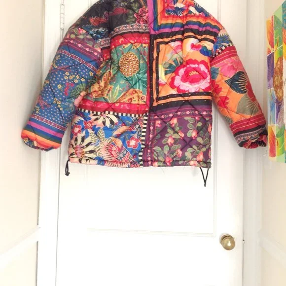 FARM Rio Mixed Scarves Reversible Puffer Jacket Patchwork Dopamine - Picture 12 of 14